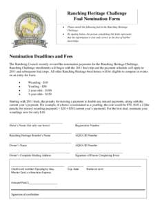Ranching Heritage Challenge Foal Nomination Form • •  Please enroll the following foal in the Ranching Heritage