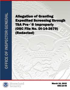 Allegation of Granting Expedited Screening through TSA Pre® Improperly (OSC File No. DI[removed]Redacted)