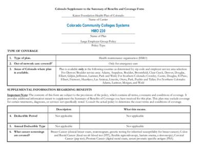 Colorado Supplement to the Summary of Benefits and Coverage Form Kaiser Foundation Health Plan of Colorado Name of Carrier Colorado Community Colleges Systems HMO 230