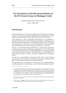 Dübel  Assessment Forum Group on Mortgage Credit An Assessment of the Recommendations of the EU Forum Group on Mortgage Credit