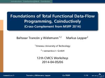 Introduction Coinduction@Work Conclusion  Foundations of Total Functional Data-Flow Programming, Coinductively (Cross-Complement from MSFP 2014)