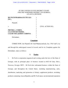 Case 1:15-cvSCJ Document 1 FiledPage 1 of 30  IN THE UNITED STATES DISTRICT COURT FOR THE NORTHERN DISTRICT OF GEORGIA ATLANTA DIVISION HI-TECH PHARMACEUTICALS