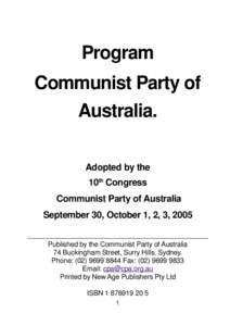 Program Communist Party of Australia. Adopted by the 10th Congress Communist Party of Australia