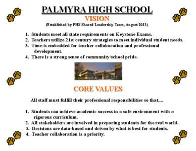 PALMYRA HIGH SCHOOL VISION (Established by PHS Shared Leadership Team, August[removed]Students meet all state requirements on Keystone Exams.
