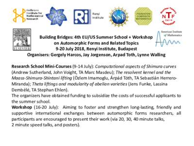 Renyi Institute Building Bridges: 4th EU/US Summer School + Workshop on Automorphic Forms and Related Topics 9-20 July 2018, Renyi Institute, Budapest