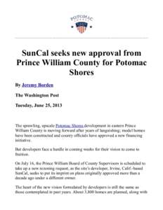 SunCal seeks new approval from Prince William County for Potomac Shores    By Jeremy Borden