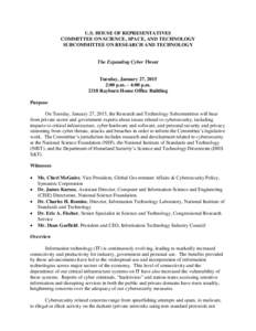 U.S. HOUSE OF REPRESENTATIVES COMMITTEE ON SCIENCE, SPACE, AND TECHNOLOGY SUBCOMMITTEE ON RESEARCH AND TECHNOLOGY The Expanding Cyber Threat