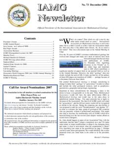 IAMG Newsletter No. 73 December[removed]Ofﬁcial Newsletter of the International Association for Mathematical Geology