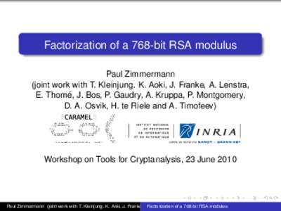 Factorization of a 768-bit RSA modulus Paul Zimmermann (joint work with T. Kleinjung. K. Aoki, J. Franke, A. Lenstra, E. Thomé, J. Bos, P. Gaudry, A. Kruppa, P. Montgomery, D. A. Osvik, H. te Riele and A. Timofeev) /*