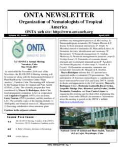 ONTA NEWSLETTER Organization of Nematologists of Tropical America ONTA web site: http://www.ontaweb.org Volume 45, Issue 1