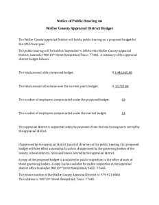 Notice of Public Hearing on Waller County Appraisal District Budget The Waller County Appraisal District will hold a public hearing on a proposed budget for the 2015 fiscal year.  The public hearing will be held on Septe