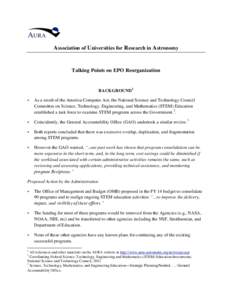 Association of Universities for Research in Astronomy  Talking Points on EPO Reorganization BACKGROUND1 •