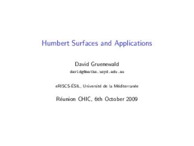 Humbert Surfaces and Applications David Gruenewald  ´ eRISCS-ESIL, Universit´