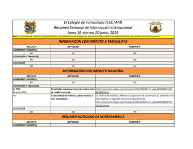 El Colegio de Tamaulipas (COLTAM) Resumen Semanal de Información Internacional lunes 16-viernes 20 junio, 2014 Nota: En la columna de 