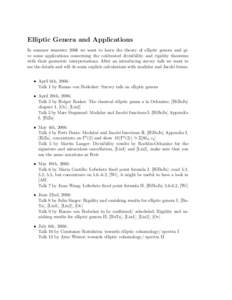 Elliptic Genera and Applications In summer semester 2006 we want to learn the theory of elliptic genera and give some applications concerning the celebrated divisibility and rigidity theorems with their geometric interpr
