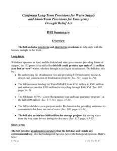 California Long-Term Provisions for Water Supply and Short-Term Provisions for Emergency Drought Relief Act Bill Summary Overview