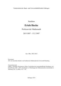 Niedersächsische Staats- und Universitätsbibliothek Göttingen  Nachlass Erich Hecke Professor der Mathematik