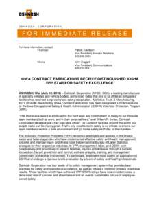 OSHKOSH  CORPORATION FOR IMMEDIATE RELEASE For more information, contact: