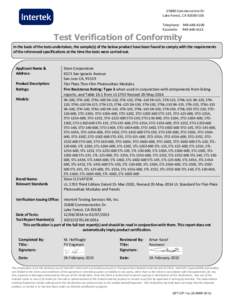 25800 Commercentre Dr Lake Forest, CAUSA Telephone: Facsimile: Test Verification of Conformity