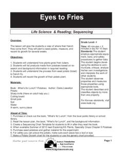 Eyes to Fries Life Science & Reading; Sequencing Overview: Grade Level: 4