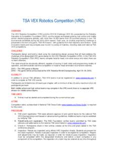 TSA VEX Robotics Competition (VRC) OVERVIEW The VEX Robotics Competition (VRC) and the VEX IQ Challenge (VEX IQ), presented by the Robotics Education & Competition Foundation (REC), are the largest and fastest growing hi