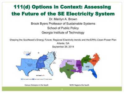 111(d) Options in Context: Assessing the Future of the SE Electricity System Dr. Marilyn A. Brown Brook Byers Professor of Sustainable Systems School of Public Policy Georgia Institute of Technology