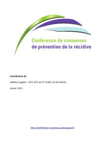 Contribution de : ARNAUD Agathe - CPIP, SPIP de ST PIERRE (LA REUNION) janvier 2013 http://conference-consensus.justice.gouv.fr