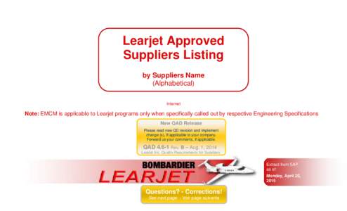 Bombardier Aerospace Learjet Suppliers Listing By Name
               Bombardier Aerospace Learjet Suppliers Listing By Name