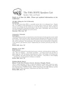 The Fifth HOPE Speakers List Speakers, Talks, and Panels Draft as of June 24, 2004. Please get updated information at the conference. AS/400: Lifting the Veil of Obscurity StankDawg