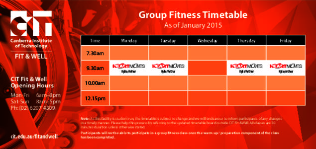 Group Fitness Timetable As of January 2015 Time  Monday