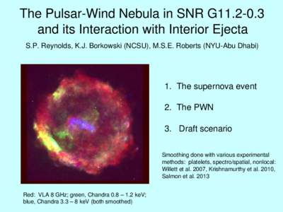 The Pulsar­Wind Nebula in SNR G11.2­0.3      and its Interaction with Interior Ejecta S.P. Reynolds, K.J. Borkowski (NCSU), M.S.E. Roberts (NYU­Abu Dhabi) 1.  The supernova event 2.  The 