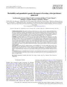Annals of Botany 114: 571– 577, 2014 doi:aob/mcu142, available online at www.aob.oxfordjournals.org Heritability and quantitative genetic divergence of serotiny, a fire-persistence plant trait Ana Herna´ndez-S