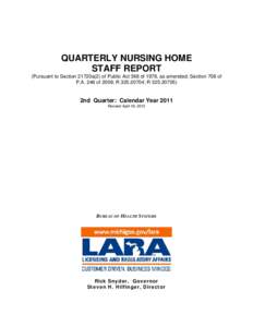 QUARTERLY NURSING HOME STAFF REPORT (Pursuant to Section 21720a(2) of Public Act 368 of 1978, as amended; Section 708 of P.A. 246 of 2008; R[removed]; R[removed]2nd Quarter: Calendar Year 2011