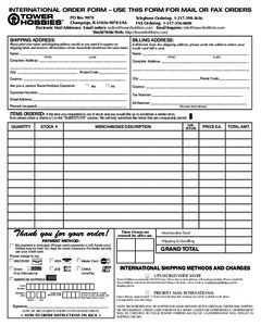INTERNATIONAL ORDER FORM – USE THIS FORM FOR MAIL OR FAX ORDERS PO Box 9078 Telephone Ordering: [removed]Champaign, IL[removed]USA FAX Ordering: [removed]Electronic Mail Addresses: Email orders: orders@t