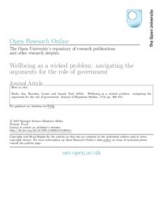 Open Research Online The Open University’s repository of research publications and other research outputs Wellbeing as a wicked problem: navigating the arguments for the role of government