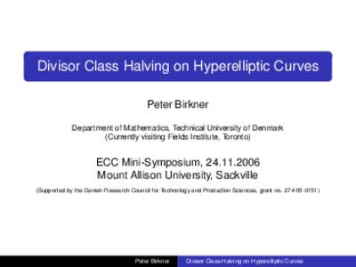 Divisor Class Halving on Hyperelliptic Curves Peter Birkner Department of Mathematics, Technical University of Denmark (Currently visiting Fields Institute, Toronto)  ECC Mini-Symposium, 