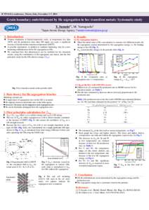 ICTP-IAEA conference, Trieste, Italy, November 3-7, 2014  Grain boundary embrittlement by He segregation in bcc transition metals: Systematic study T. Suzudo1*, M. Yamaguchi1 1Japan Atomic