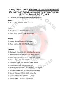 List of Professionals who have successfully completed the Veterinary Spinal Manipulative Therapy Program (VSMT) – Revised July 7th, 2015 ** Concurrent care should be part of informed consent** Alaska Dr. Tamara Rose 90