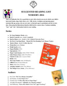 SUGGESTED READING LIST NURSERY-2014 This is an indicative list. It is a good idea to start with a book in an area in which your child is interested [trains, dogs, baby sisters, etc.]. Silly stories, wordplays and guessin