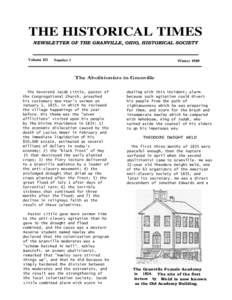 THE HISTORICAL TIMES NEWSLETTER OF THE GRANVILLE, OHIO, HISTORICAL SOCIETY Volume III  Number 1