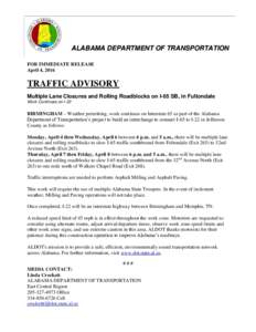 A Ne Cls ALABAMA DEPARTMENT OF TRANSPORTATION FOR IMMEDIATE RELEASE April 4, 2016