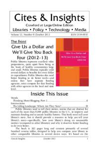 Cites & Insights Crawford at Large/Online Edition Libraries • Policy • Technology • Media Volume 12, Number 9: October 2012