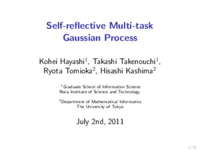Self-reﬂective Multi-task Gaussian Process Kohei Hayashi1 , Takashi Takenouchi1 , Ryota Tomioka2 , Hisashi Kashima2 1 Graduate School of Information Science Nara Institute of Science and Technology