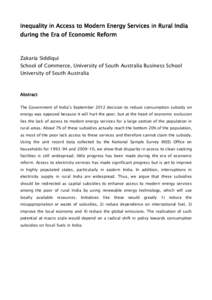 Inequality in Access to Modern Energy Services in Rural India during the Era of Economic Reform Zakaria Siddiqui School of Commerce, University of South Australia Business School University of South Australia