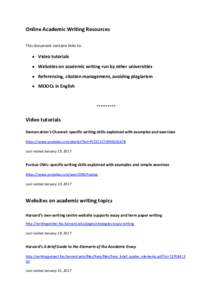 Online Academic Writing Resources This document contains links to:  Video tutorials  Websites on academic writing run by other universities  Referencing, citation management, avoiding plagiarism