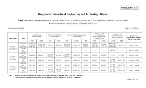 PROGRAMME  Bangladesh University of Engineering and Technology, Dhaka. PROGRAMME for the Examination of Level-1/Term-I, Level-2/Term-I of Session[removed]and Level-2/Term-II, Level-3/Term-II Level-4/Term-I and Level-5/