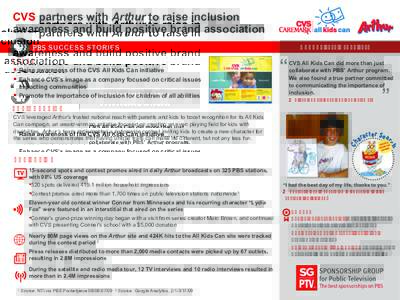 CVS partners with Arthur to raise inclusion awareness and build positive brand association AUGUST 2008 – JULY 2009 GOALS § Raise awareness of the CVS All Kids Can initiative