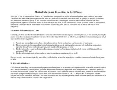 Medical Marijuana Protections in the 50 States	 	 Since the 1970s, 41 states and the District of Columbia have recognized the medicinal value of at least some strains of marijuana. These laws are intended to protect pati