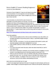 Honors English 12 Summer Reading Assignment Unbroken by Laura Hillenbrand Welcome to Honors English 12! I hope you will enjoy this excellent work of non-fiction. It’s a very long book, so be sure and allow yourself suf