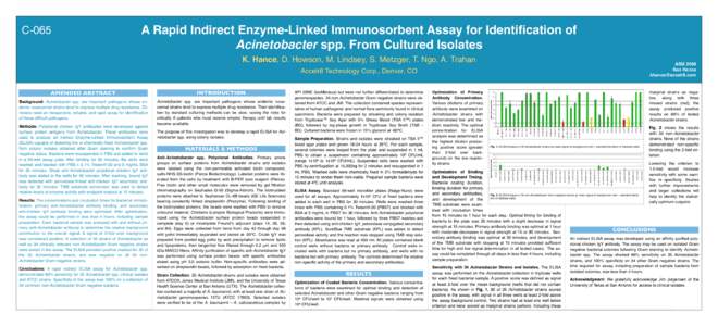 C-065  A Rapid Indirect Enzyme-Linked Immunosorbent Assay for Identification of Acinetobacter spp. From Cultured Isolates K. Hance, D. Howson, M. Lindsey, S. Metzger, T. Ngo, A. Trahan
